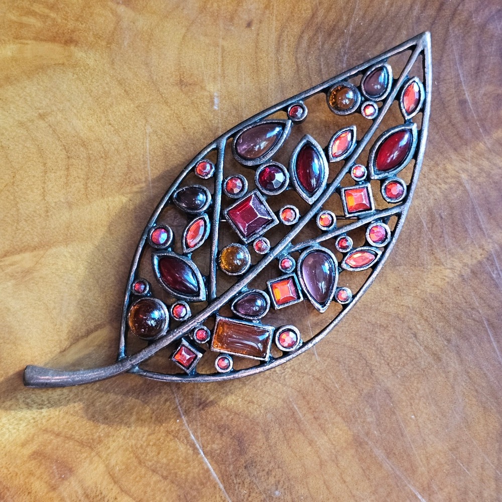 Vtg Leaf Brooch Pin Red Orange Copper Tone Rhinestone Autumn Fall Statement - Picture 12 of 15